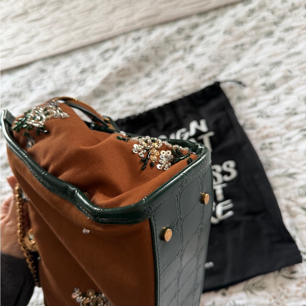 Kurt Geiger Embroidered Sequin Green Brown Tote Shoulder Crossbody Bag NWT - Picture 15 of 16
